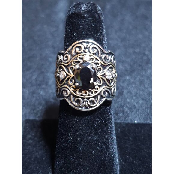 Vintage-Inspired Sterling Silver & Gold-Plated Scrollwork Ring  Sz 6 With Black - Picture 7 of 11
